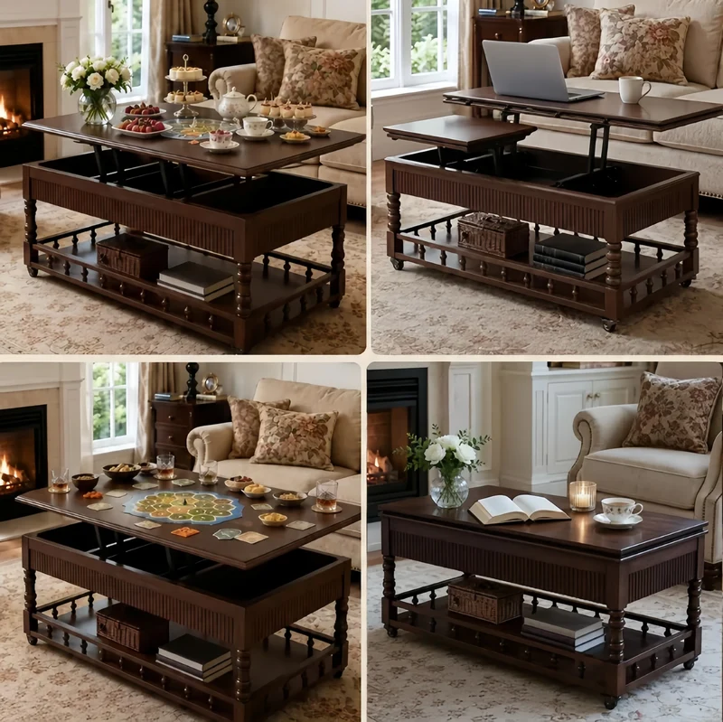 Mesa de centro elevable 3 en 1 de madera maciza de estilo nórdico retro con ruedas universales.