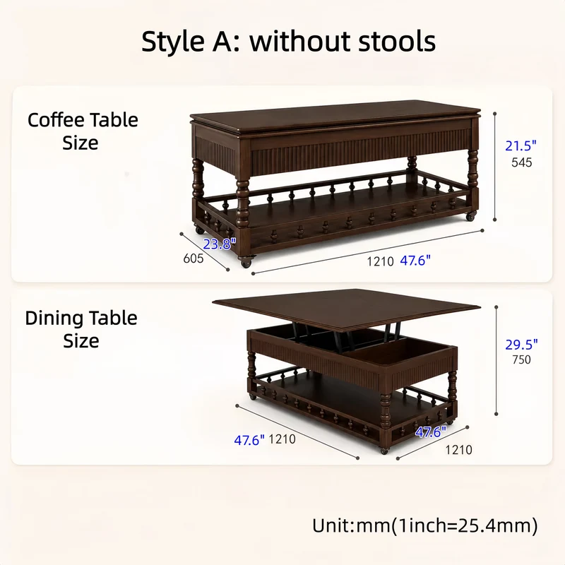 Mesa de centro elevable 3 en 1 de madera maciza de estilo nórdico retro con ruedas universales.