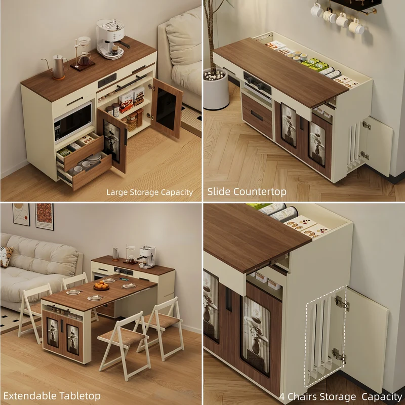 Isla de cocina extensible con encimera deslizante y armario de almacenamiento oculto.