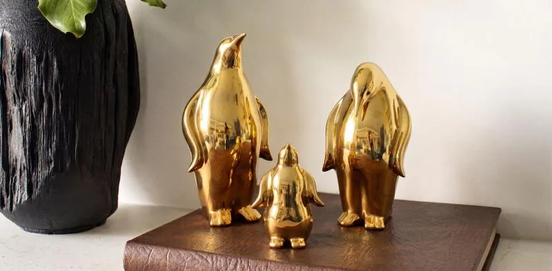 PINGUINOS JGO DE 3 PINGUINOS DORADOS CERAMICA