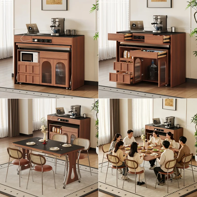 Isla de cocina con encimera de piedra sinterizada, mesa de comedor plegable y extensible, y amplio armario de almacenamiento.