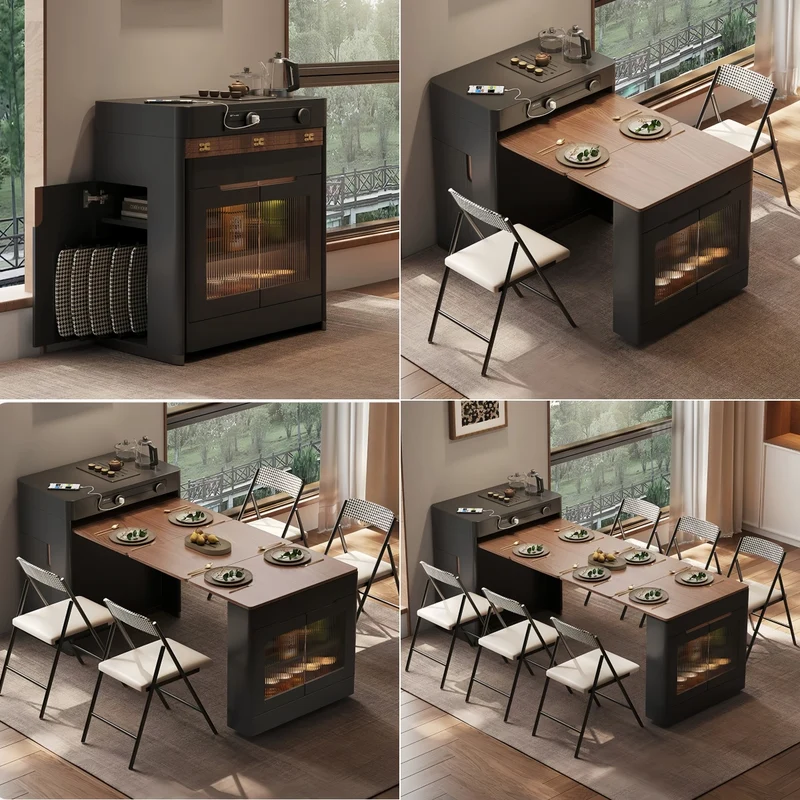 Isla de cocina extensible de color negro con mesa y sillas plegables.
