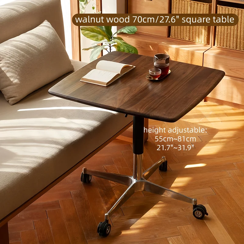 Mesa de centro de madera maciza regulable en altura con ruedas universales.