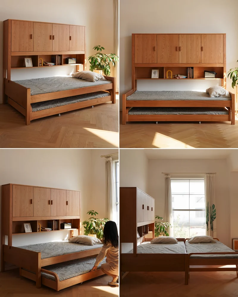 Cama multifuncional moderna de estilo Japandi, fabricada en madera maciza de cerezo, con almacenamiento integrado y cama nido extraíble.