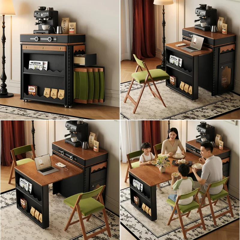 Isla de cocina extensible de estilo nórdico retro con 4 sillas.
