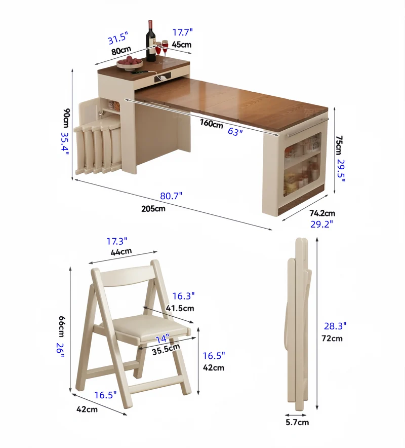 Mesa de isla de cocina extensible de madera maciza con 4 sillas.