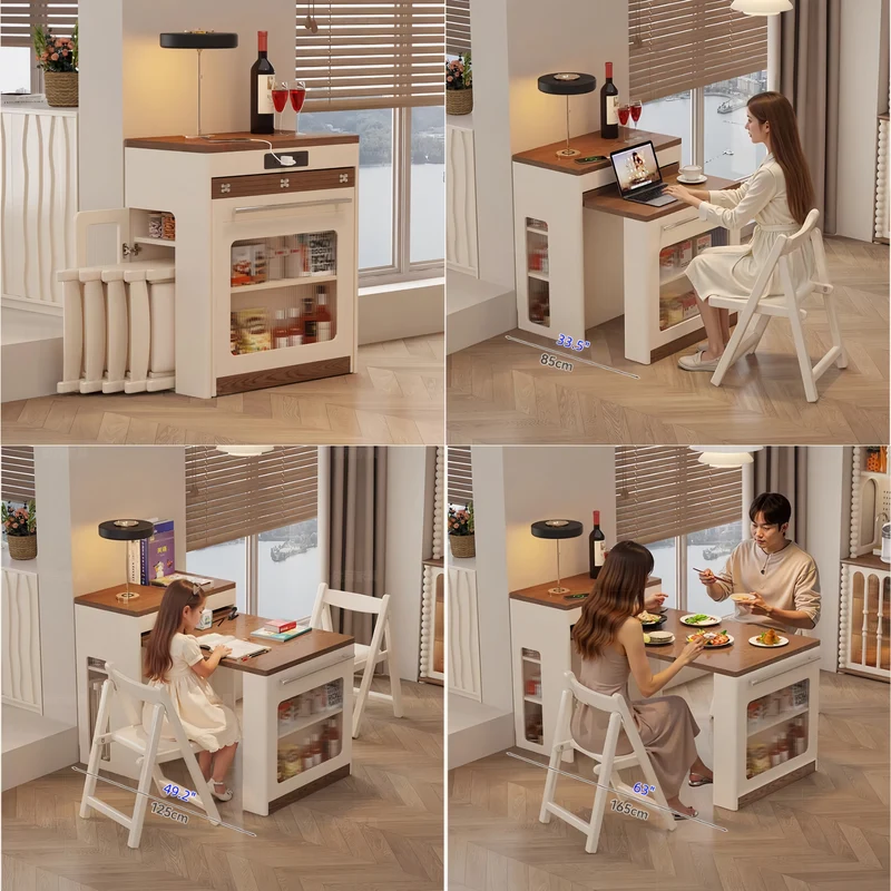 Isla de cocina extensible con mesa de almacenamiento y sillas.