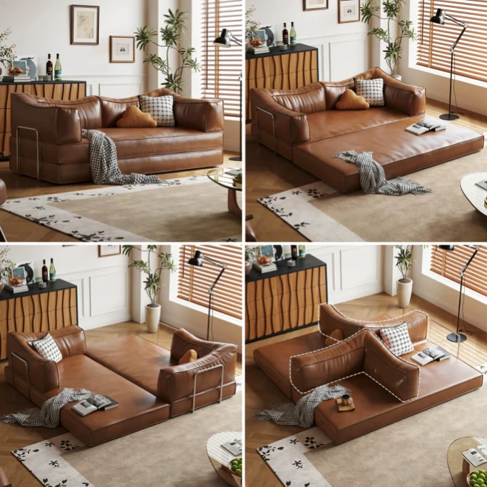 Sofá cama modular sin hueso de cuero encerado al aceite