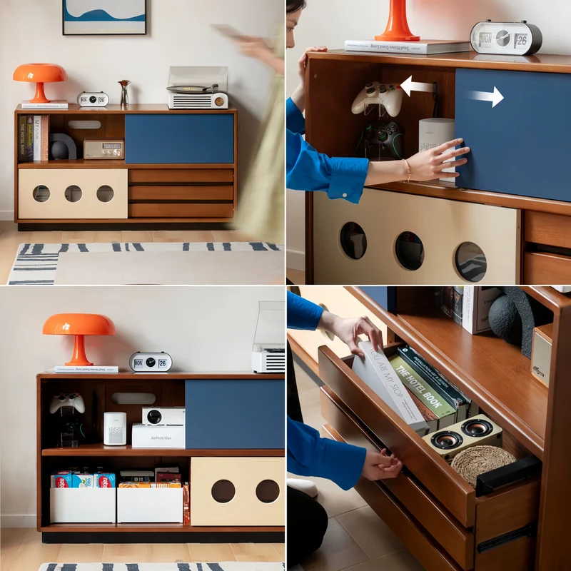 Mueble para equipos multimedia Japandi de madera maciza de boj con puerta corredera y cajones.