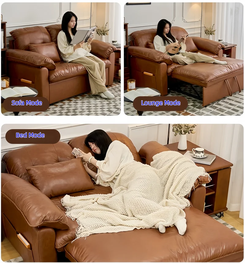 Sofá cama convertible 3 en 1 de cuero encerado al aceite con respaldo ajustable y bolsillo lateral.