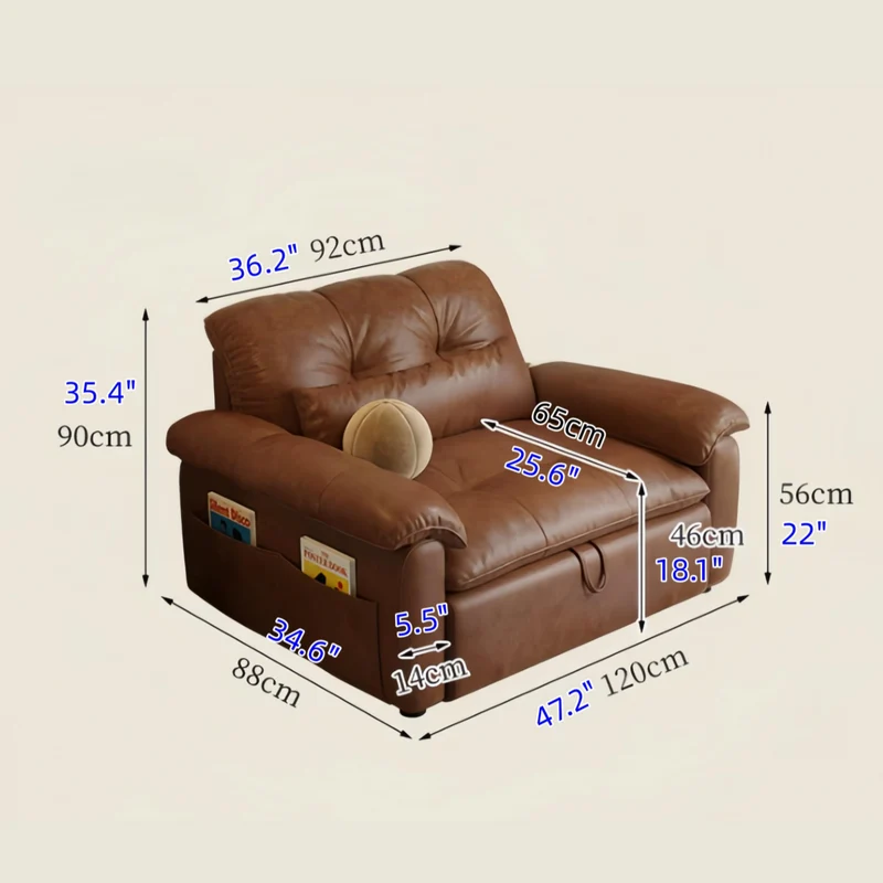 Sofá cama convertible 3 en 1 de cuero encerado al aceite con respaldo ajustable y bolsillo lateral.