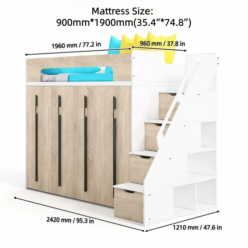 Cama alta con escalera y cajones, con armario corredizo debajo.