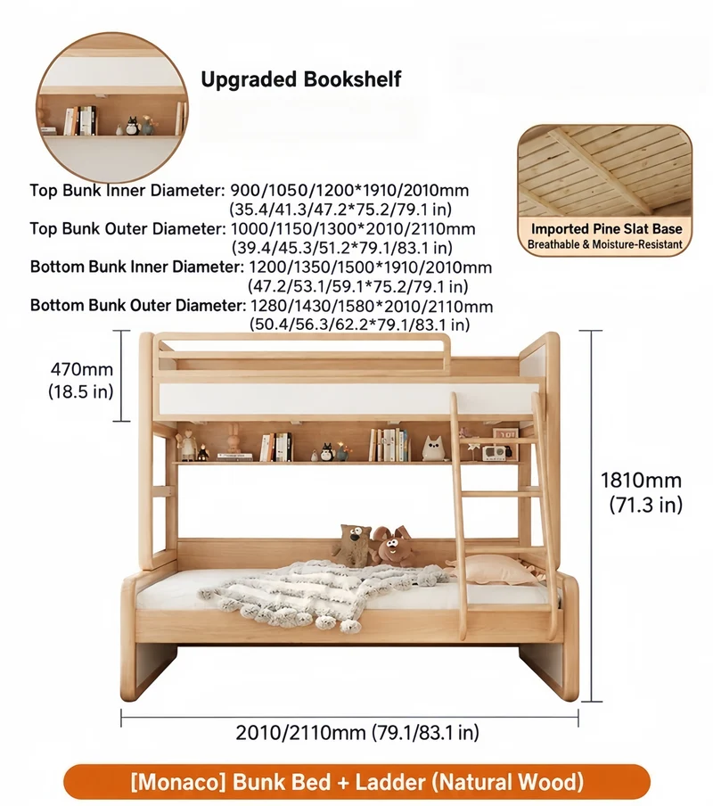 Litera con cajones y cama nido, de madera maciza de fresno, con cajones y cajones.