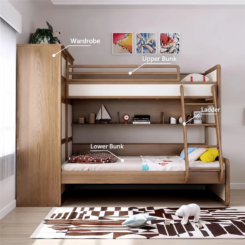 Litera con cama nido, armario, escalera y cajonera.