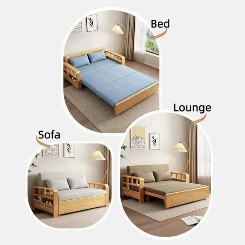 Sofá cama 3 en 1 con estructura de madera maciza de roble.