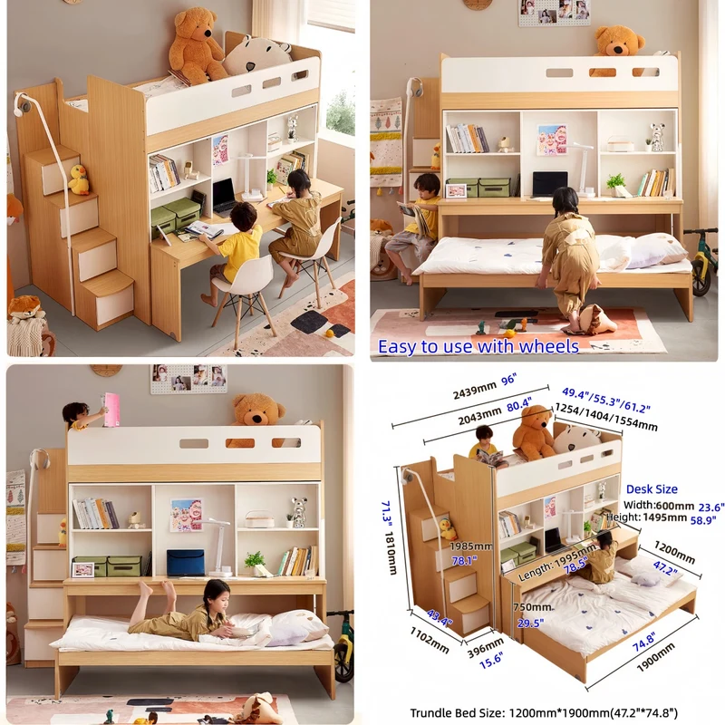 Cama alta con escalera y cajones, escritorio con estantería deslizante y cama nido.