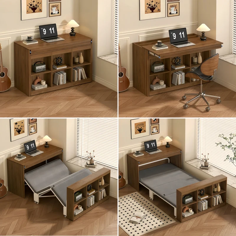 Cama Murphy de madera maciza con mesa extensible.
