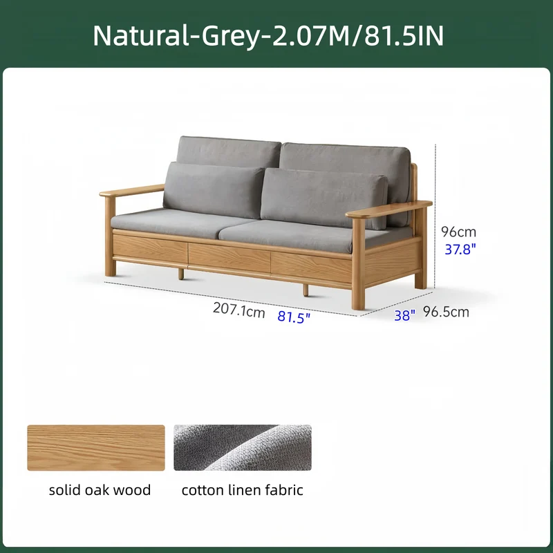 Sofá de madera maciza de roble con amplios reposabrazos, cajones de almacenamiento debajo y fundas extraíbles.