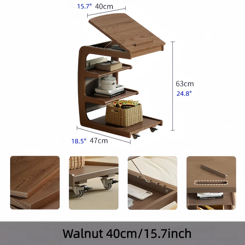 Mesa auxiliar rodante de madera maciza con estante de almacenamiento y tablero abatible.