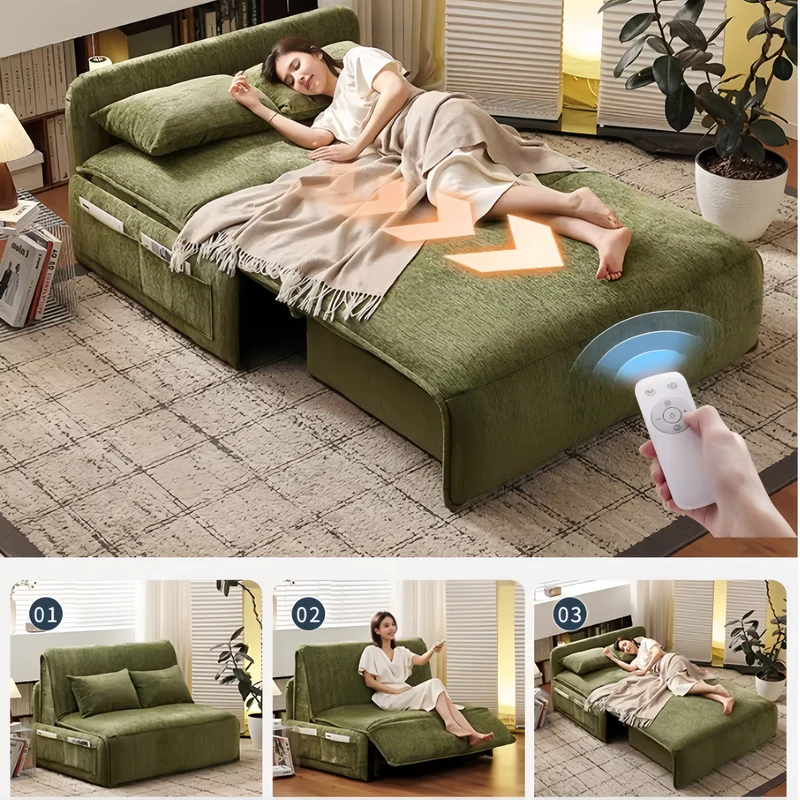 Sofá cama eléctrico con control remoto y tapizado en tela de chenilla.