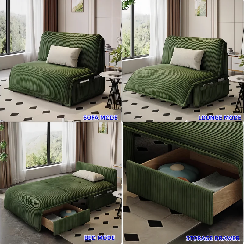 Sofá cama eléctrico de tela de pana con control remoto y cajón de almacenamiento.