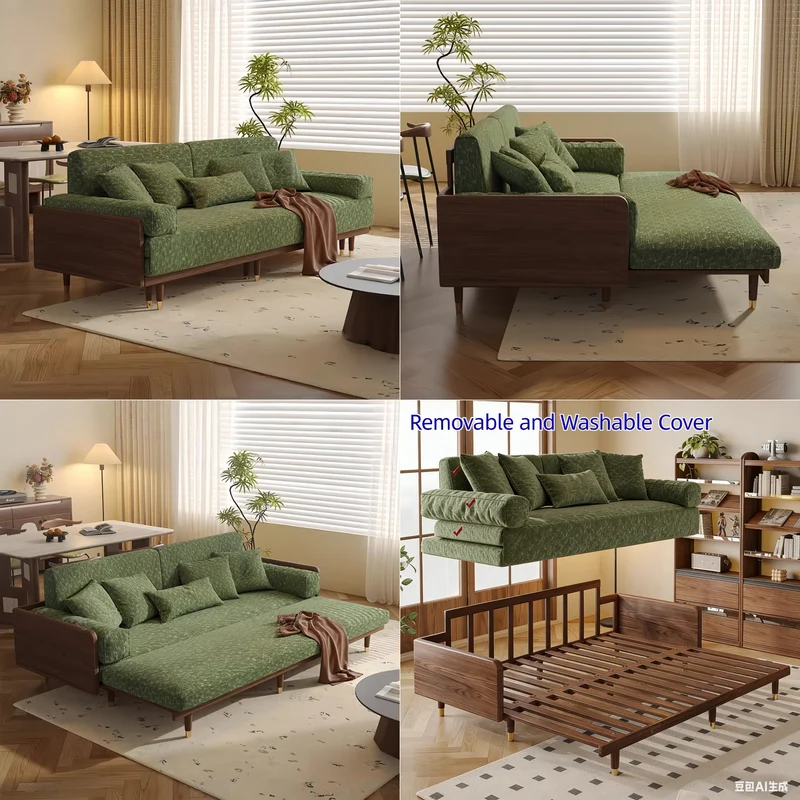 Sofá cama de madera maciza de fresno con tapizado de tela chenilla con estampado de trébol de cuatro hojas.