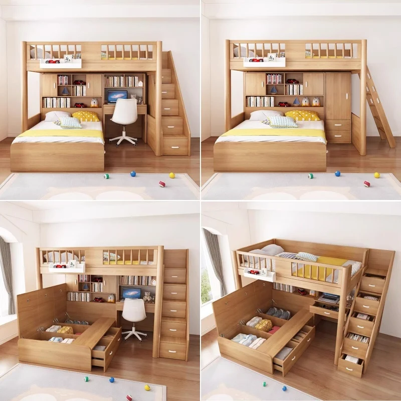 Cama alta de madera maciza de haya con cajón de almacenamiento, escalera, escritorio, estantería y armario.