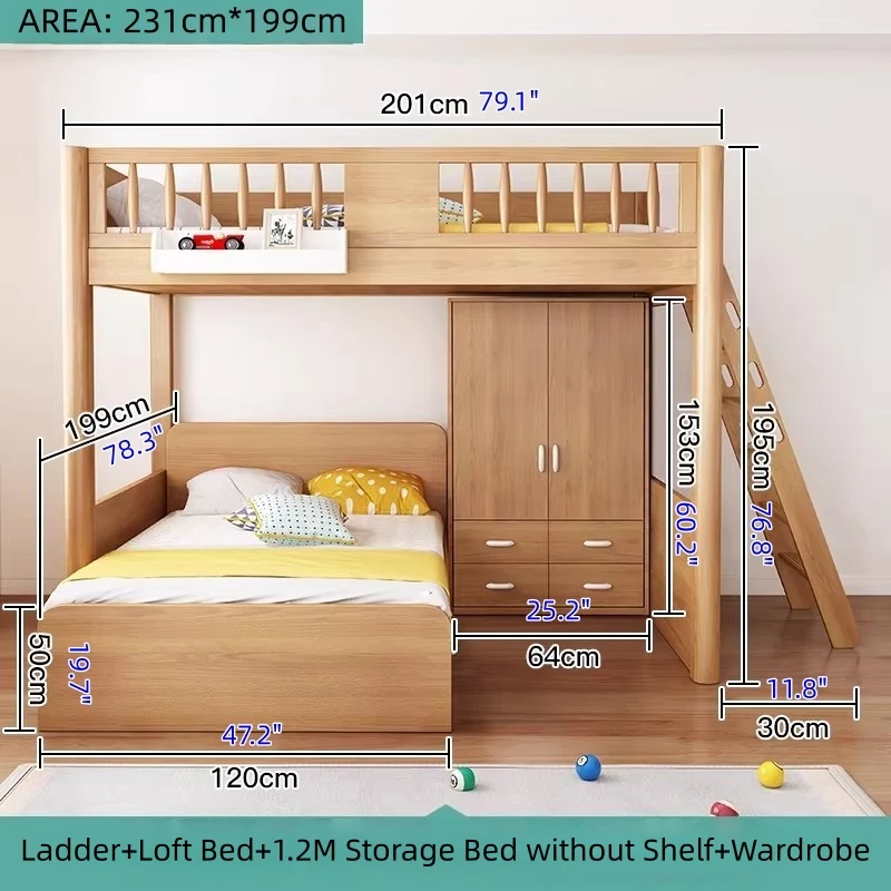 Cama alta de madera maciza de haya con cajón de almacenamiento, escalera, escritorio, estantería y armario.