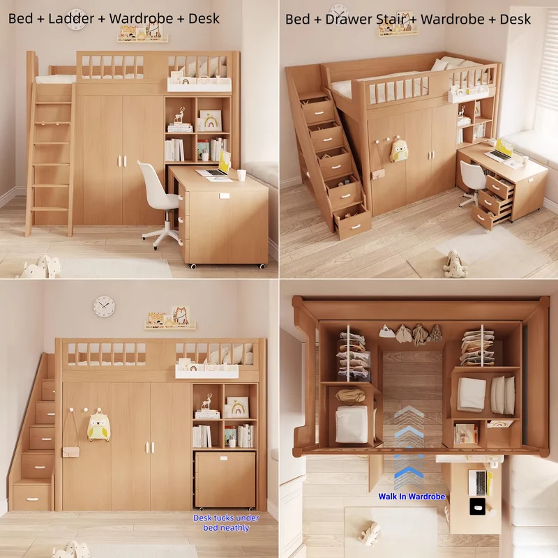 Cama infantil tipo loft todo en uno que ahorra espacio, con armario, estantería y escritorio integrados.