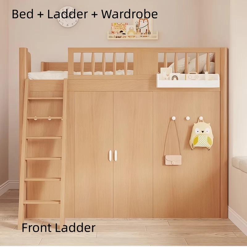 Cama infantil tipo loft todo en uno que ahorra espacio, con armario, estantería y escritorio integrados.