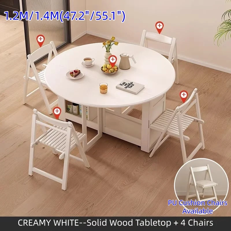 Juego de mesa de comedor redonda con dos alas abatibles y 4 sillas plegables.