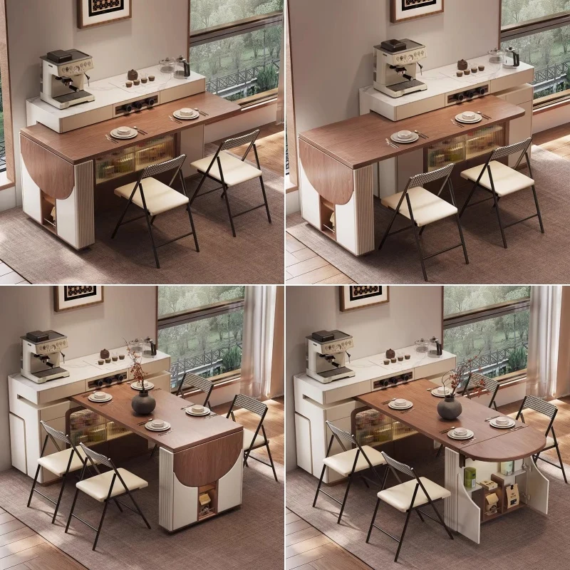Mueble de isla de cocina multifuncional con mesa giratoria de 180° y tablero plegable semicircular.