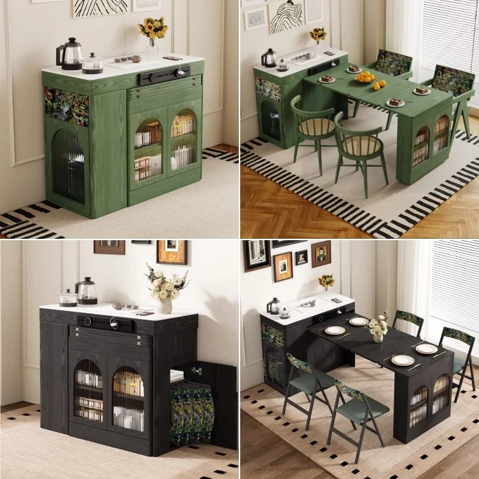 Isla de cocina retro nórdica con mesa de comedor extensible