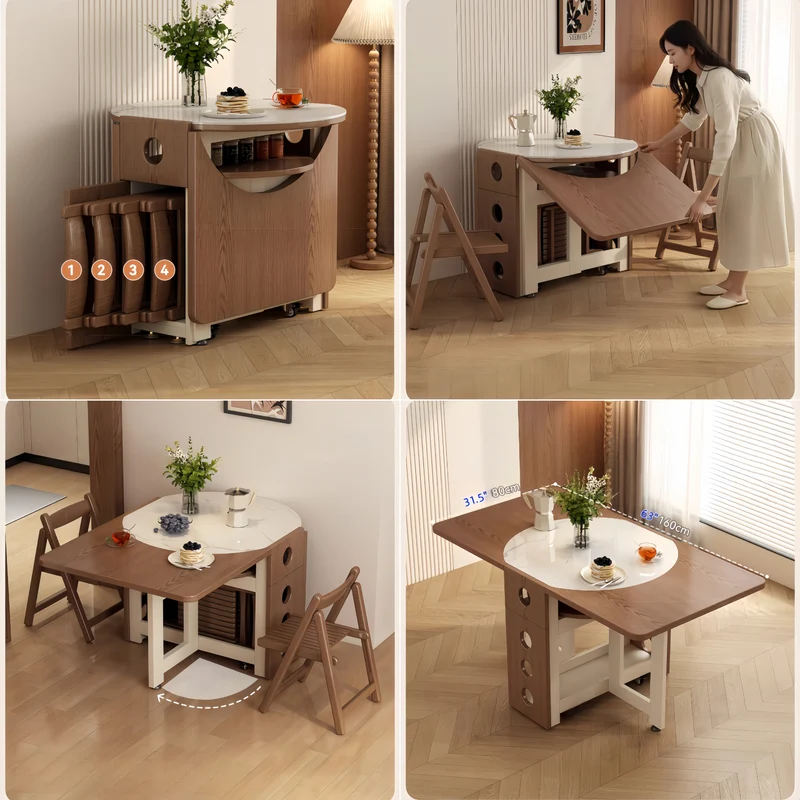 Mesa de comedor de dos hojas abatibles con tablero redondo de piedra sinterizada y 4 sillas plegables