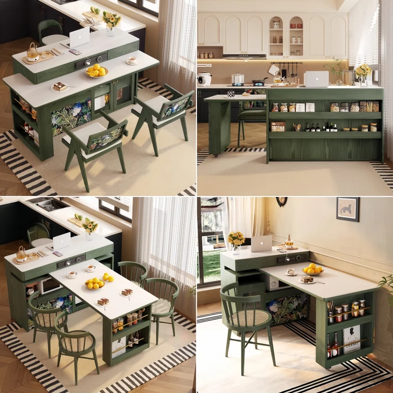 Isla de cocina de piedra sinterizada con mesa giratoria de 180°