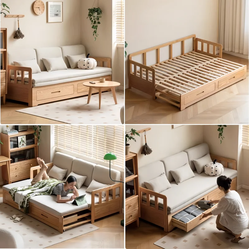 Sofá cama extraíble con estructura de madera maciza Japandi y doble cajón de almacenamiento