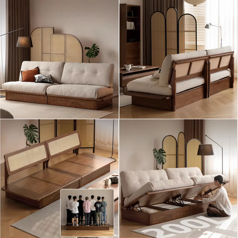 Sofá Japandi con estructura de madera maciza de roble y amplio espacio de almacenamiento debajo del asiento