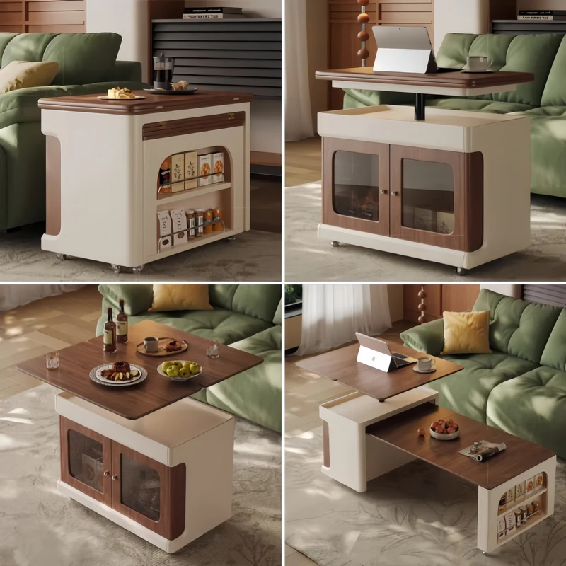 Mesa de centro multifunción doble elevable y extensible con ruedas universales