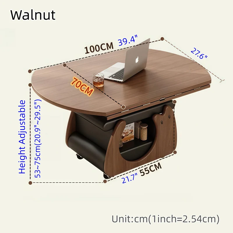Mesa de centro elevable y plegable de madera maciza con espacio de almacenamiento y ruedas universales
