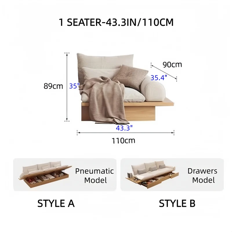 Sofá Japandi de madera maciza con almacenaje debajo