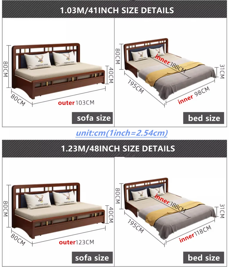 Sofá cama extraíble con estructura de madera maciza y almacenamiento debajo