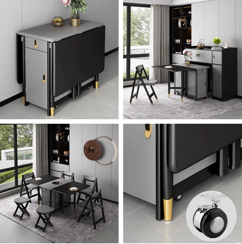 Mesa moderna de doble hoja abatible gris negro con sillas