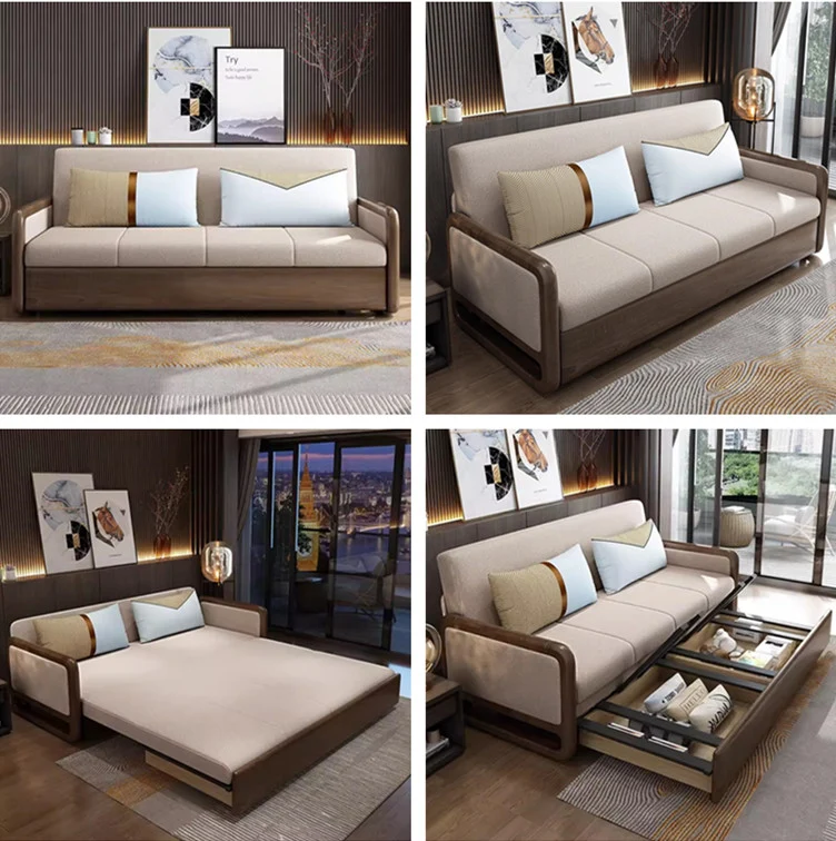 Sofá cama con reposabrazos de madera maciza y almacenamiento debajo