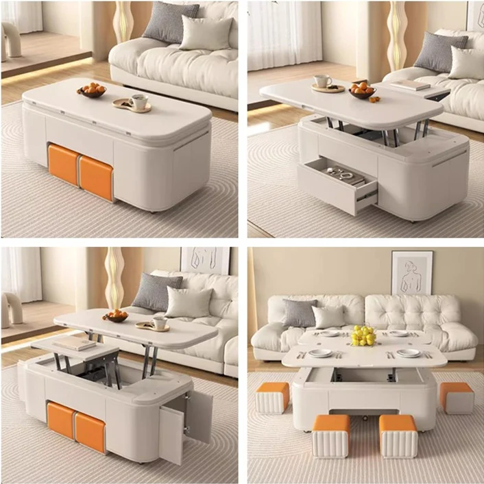 Mesa de centro multifuncional de mesa elevadora de estilo minimalista con taburetes