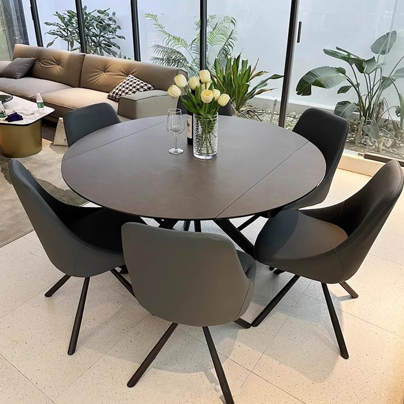 Mesa de comedor redonda con tapa de losa de roca extensible giratoria