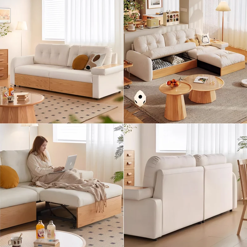 Sofá y chaise lounge extraíble Japandi con almacenamiento debajo