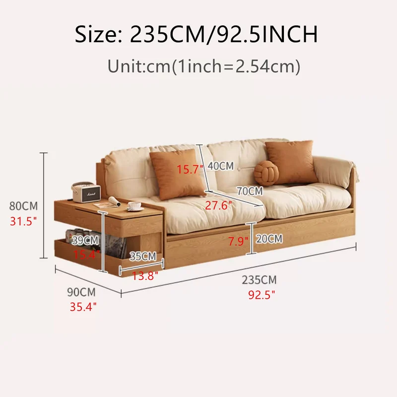 Sofá de tela multifuncional con almacenamiento alto, mesa con reposabrazos y cajones