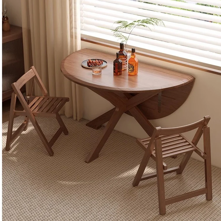 Mesa redonda de madera maciza con doble hoja abatible