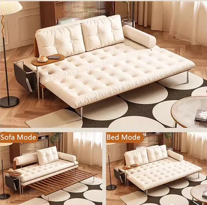 Sofá cama nórdico minimalista con mesa auxiliar giratoria
