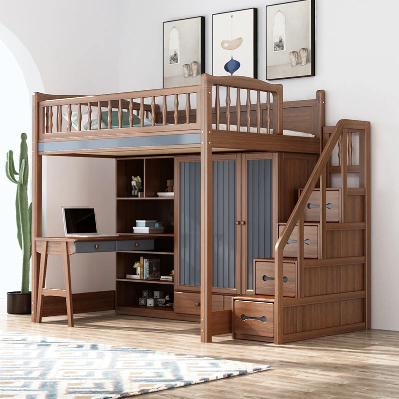 Cama alta de madera maciza con armario y escritorio